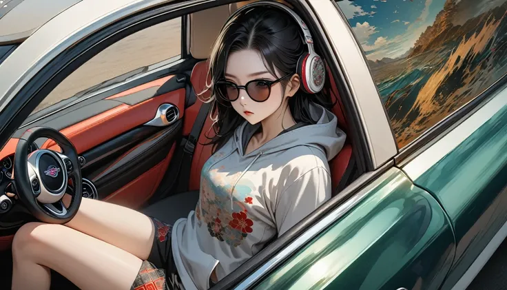 ((8k of extremely detailed CG unit, Masterpiece, high resolution, highest quality, highest quality real texture skin)), (wearing Japanese pattern headphones), ((1 girl)), (((Driving a Mini Cooper))), (((sunglasses))), (Japanese pattern hoodie, Japanese-sty...