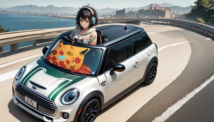 ((8k of extremely detailed CG unit, Masterpiece, high resolution, highest quality, highest quality real texture skin)), (wearing Japanese pattern headphones), ((1 girl)), (((Driving a Mini Cooper))), (((sunglasses))), (Japanese pattern hoodie, Japanese-sty...