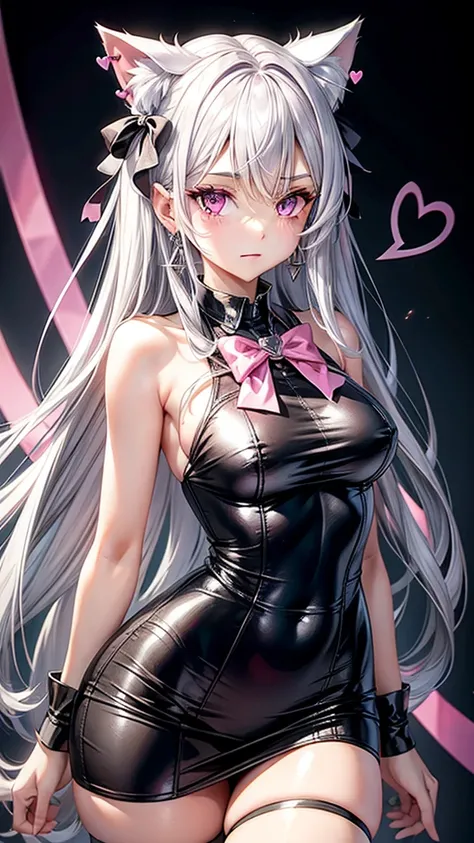 Silver hair, pink eyes, body, cat ears, sexy girl, earrings, heart background fantasy, uniform, hair bow