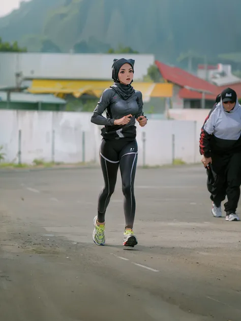 (Best quality,A high resolution,Ultra-detailed,Realistic:1.2),2023 women, runner, wearing hijab, running outfit（promotional poster）。