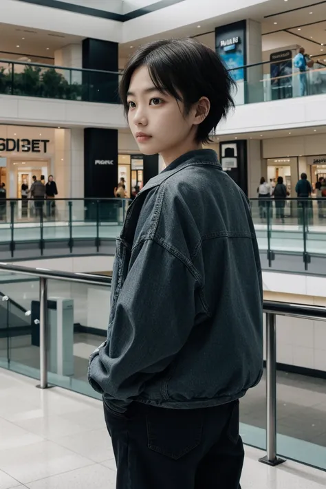 raw photo of beautiful female short hair ,solo ,mall