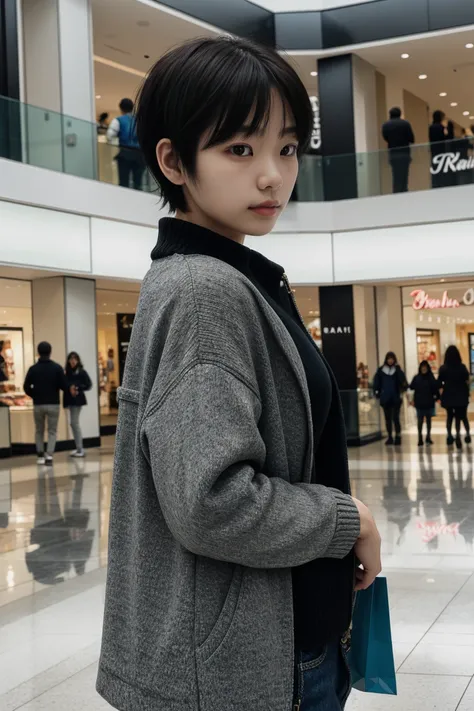 raw photo of beautiful female short hair ,solo ,mall