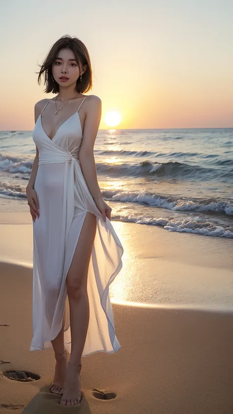 ((Highest quality)),Photo quality、Japanese、Woman、Standing on the sand at the beach、((The setting sun can be seen in the background))、((The magical moment when the sun sets))、Dress  Long white silk robe、Backlight makes her body lines visible、Earrings、Neckla...