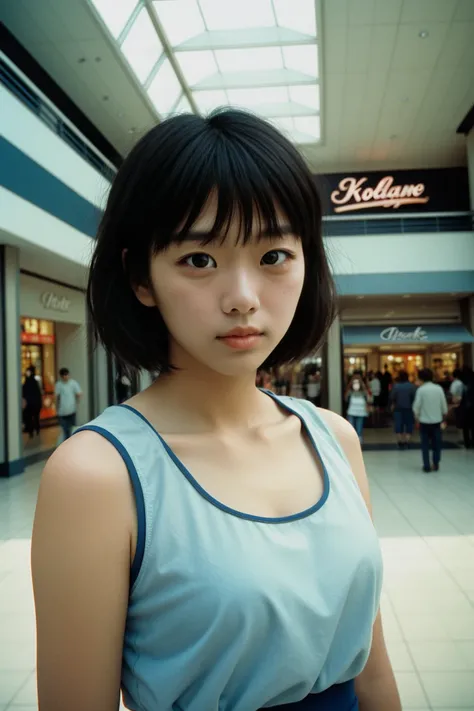 natural light, analog film photo, Kodachrome , beautiful female short hair ,solo ,mall