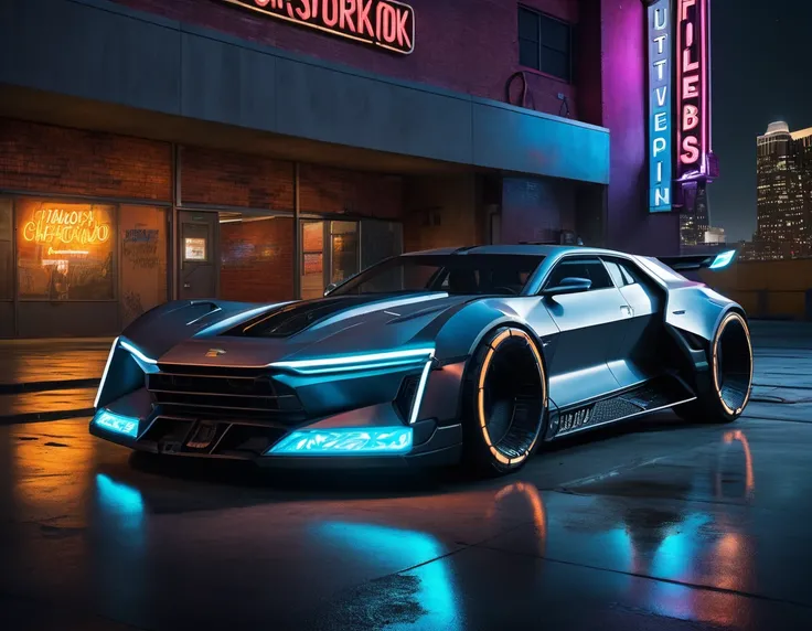 Three-pronged/4 Front view ((Futuristic Cyberpunk Badass)) (With glowing tires) Concept car, In the parking lot, Front pop-up headlights, sf, sfシナリオ, (night), Natural light, Manhattan City, new york, Urban, underground, Neon Signs, (Very detailed), Several...