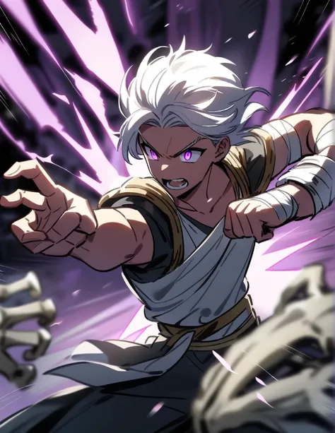 young Greek warrior with long white hair, with violet eyes, with bandaged fists, destroying a skeleton with a very powerful punch