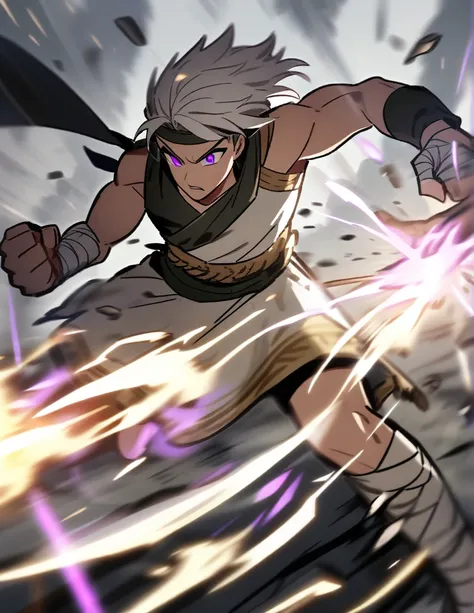 young Greek warrior with long white hair, with violet eyes, with bandaged fists, destroying a skeleton with a very powerful punch