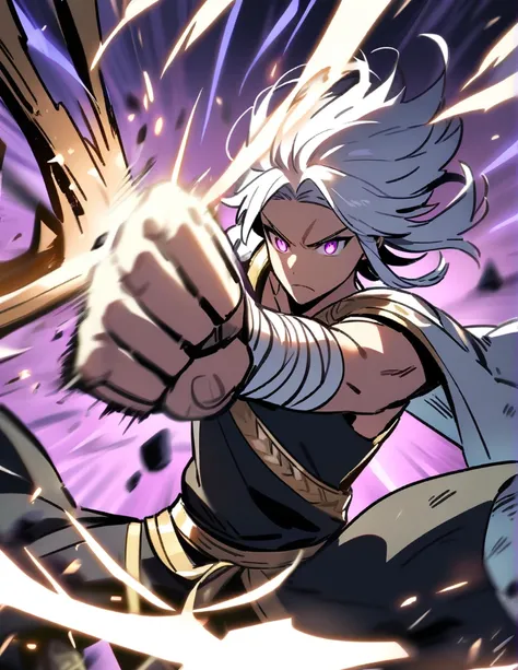 young Greek warrior with long white hair, with violet eyes, with bandaged fists, destroying a skeleton with a very powerful punch