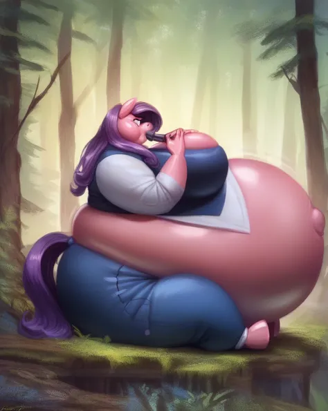 score_9, score_8_up, score_7_up, score_6_up, score_5_up, score_4_up, colorful, tall, forest, detailed background, rating_questionable, source_pony, side view, spreading, flat colors, sitting, pink body, female, clothed Massive Inflation Fat Body jiggly, fa...