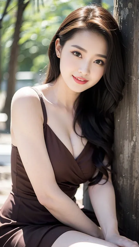 8K, super high quality, ((More than half of people move away from the center of the screen)), Beautiful chestnut hair ((Upper thigh area)), Looking at the audience, photo Practical, Highly detailed beautiful face and eyes, (Close-up hairstyle), (5 fingers)...