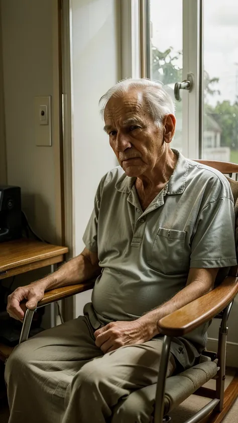 
An old man sitting in a rocking chair with a sad expression, looking far out the window in a nursing home, reminds of lost time and opportunities.