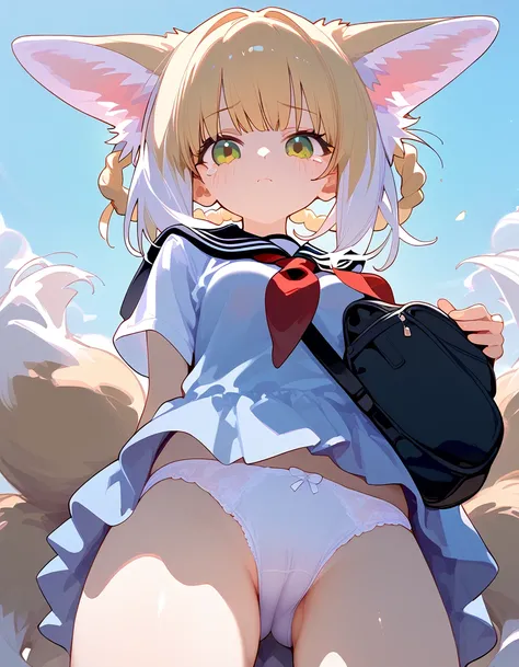 score_9,score_8_up,score_7_up,
1girl,solo,suzuran,closed mouth,green eyes,tearing_up,hair rings,animal ear fluff,blonde hair,multiple tails,fox tail,outdoors,in a meadow,(school uniform:1.2),),,from below ,looking at viewer, cameltoe,girl on top,pov