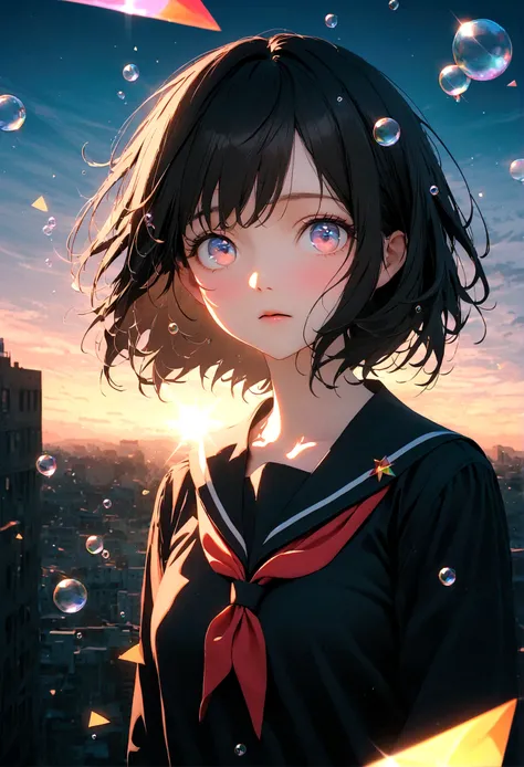 (woman(student, 15 years old, ＪＫ, short hair,Black Hair, Floating Hair, Space-colored eyes, Black sailor suit(Of high school), Pale skin, Tired face, No shine in the eyes) Looking up at the sky), (Many goldfish are swimming in the air), Beautiful sky, Beau...