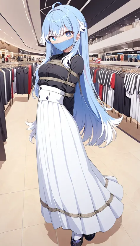 score_9, score_8_up, source_anime, 1girl, solo, KoboKanaeru, blue eyes, long hair, blue hair, colored tips, white hair, high-waist skirt, long skirt, white skirt, black shirt, long sleeves, , standing, indoors, shopping mall, (bound with an excessive amoun...