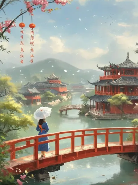 （Best quality，8K，high resolution，masterpiece:1.2），Ultra Detail，（lifelike，Photorealism，Photorealism:1.37），(Girl holding an oil-paper umbrella:1.3)，Girls Focus，Close shot，Stand on a small bridge，Running Water，Ancient Town，Jiangnan Scenery，antique，Spring rain...