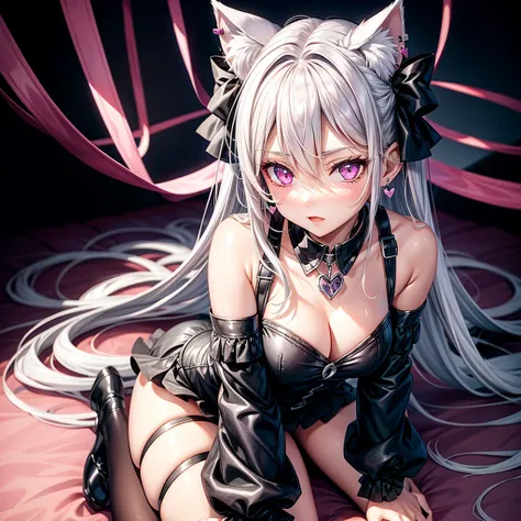 Silver hair, pink eyes, body, cat ears, sexy girl, earrings, heart fantasy background, uniform, hair bows, sit down