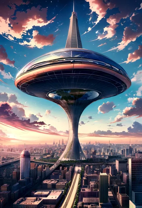 Earth in 3250,city,new york, Spaceship as a vehicle,Expressway,people々is floating in the air,Tall Ifell Tower