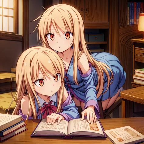 Anime girl, Shiina Mashiro, Mashiro, Anime Sakurasou, long blonde hair, orange eyes, unimpressive, , witch outfit, magic book, Wooden room, Pictures, posters