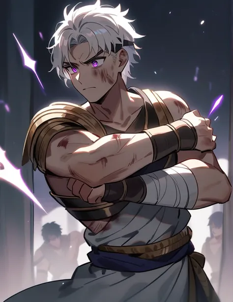 young Greek warrior with long white hair, with violet eyes, with one of his arms bandaged, with his face badly bruised and bleeding from his forehead, like wounds on his body, standing and still willing to fight