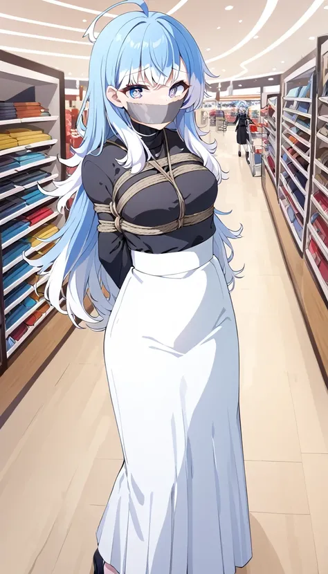 score_9, score_8_up, source_anime, 1girl, solo, KoboKanaeru, blue eyes, long hair, blue hair, colored tips, white hair, high-waist skirt, long skirt, white skirt, black shirt, long sleeves, , standing, indoors, shopping mall, (bound with an excessive amoun...