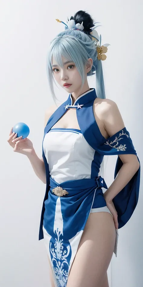 a girl with a blue and white dress holding a blue ball, onmyoji, onmyoji detailed art, onmyoji portrait, white haired deity, keqing from genshin impact, genshin, from arknights, Clorinde from genshin impact, heise jinyao, by Shitao, loong, by Yang J, yun l...