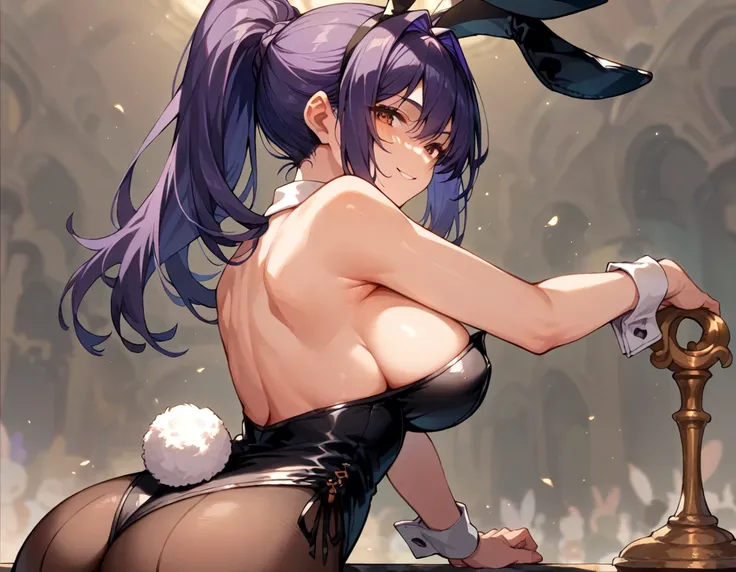 score_9, score_8_up, score_7_up, source_anime, 1girl, dark purple hair, brown eyes, ponytail, large breasts, playboy bunny suit, rabbit ears, black clothes, seductive smile, sexy pose, from behind, night club,