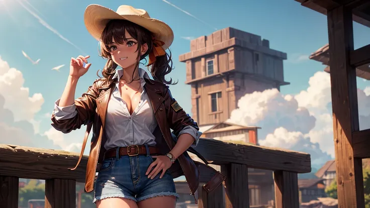 1girl, solo, wild west, summer, village, western, cowboy, sun, clouds, ((brown hair)), curly hair, ponytail, large full breasts, ((brown leather jacket)), button down shirt, ((white shirt)), ((short sleeved shirt)), ((unbuttoned shirt)), unbuttoning button...