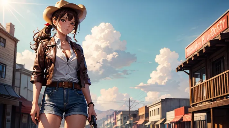 1girl, solo, wild west, summer, village, western, cowboy, sun, clouds, ((brown hair)), curly hair, ponytail, large full breasts, ((brown leather jacket)), button down shirt, ((white shirt)), ((short sleeved shirt)), ((unbuttoned shirt)), unbuttoning button...