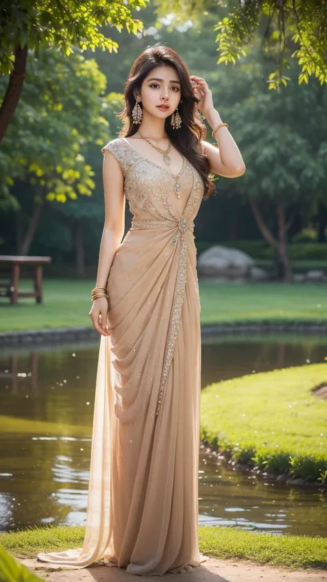 a beautiful young indian women,wearing desinger dress,brown dress,beautiful natural face,beautiful eyes,beautiful nose, beautiful natural skin,bracelet in the hand,earring,pendant,full body image,elegant pose,8k resolution,park background,realistic