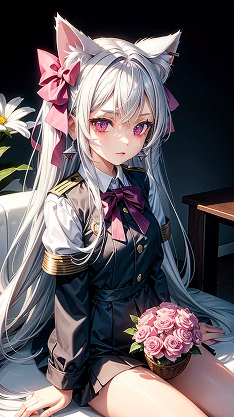 Silver hair, pink eyes, body, cat ears, sexy girl, earrings, flower background, uniform, hair bows, sit down