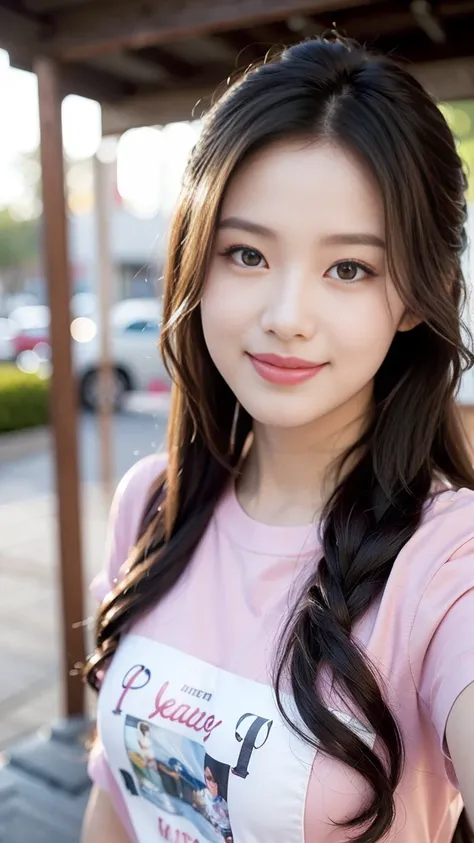 ((Realistic lighting, best quality, 8k, masterpiece: 1.3)), sharp focus: 1.2, 1 girl, beauty with perfect body: 1.4, slender abs: 1.1, ((layered hairstyle)), (pink T-shirt: 1.4), (outdoor: 1.1), ultra-fine face, fine eyes, double eyelids, smile, looking at...