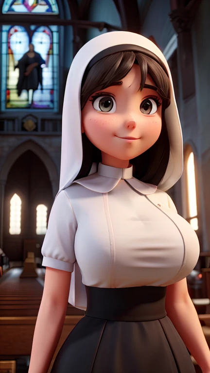 Nun Girl, Perfect face, perfect body, body shot: 1.3, Ultra details on beautiful face, Hair to the wind, ultra details, 8k, closeup on her big round breasts, background inside a church