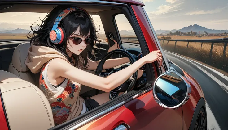 ((8k of extremely detailed CG unit, Masterpiece, high resolution, highest quality, highest quality real texture skin)), (wearing Japanese pattern headphones), ((1 girl)), (((Driving a Mini Cooper))), (((sunglasses))), (Japanese pattern hoodie, Japanese-sty...