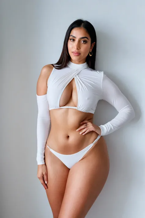 RAW photo,candid photograph, full body,photo of a beautiful,influencer,30yo Arab woman, detailed skin, naked, looking at viewer, thick body structure,white background,no background, candid pose,blue light, film grain, kodak color, instagram LUT