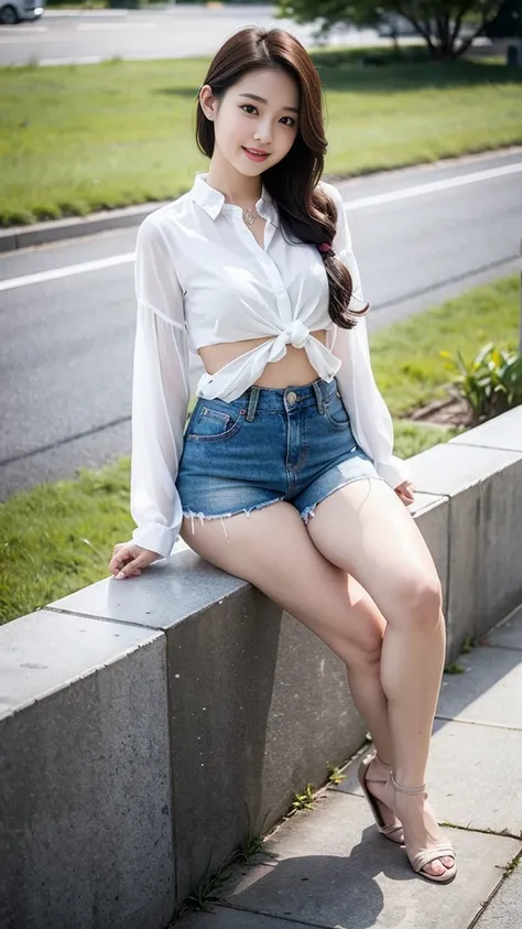  Wearing a white shirt， girl, （tight top：1.5），close your mouth and smile，legs long，Skinny super shorts，White skin of the，high high quality，4K, Face-to-face audience, 1 plump girl，hair tying up，at the street side，（Bring your legs together：1.5），with a round ...