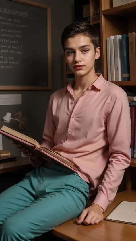 A cute, beautiful young male twink with a face with makeup and red lips. He has black hair. He is wearing a long-sleeved, pink shirt and aqua blue pants. He is in his office, sitting on a luxurious desk, studying with a huge book. Behind him is a blackboar...