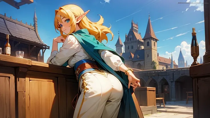 Anime Style,Nostalgic,Detailed background,The medieval world,A lively bar with lots of people,Beautiful sky,A beautiful bard elf girl looking back at me,Protruding buttocks