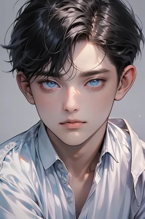 (Masterpiece, Best Quality, High Quality, Highres:1.4), Detailed, Extremely Detailed, Ambient Soft Lighting, 1boy,white shirt, black hair, looking at viewer,