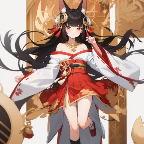 (masterpiece, best quality:1.2),illustration,8k,hd,1girl,solo,long_hair,animal_ears,fox_ears,kneehighs,hair_ornament,black_hair,bangs,white_socks,wide_sleeves,strapless_dress,detached_sleeves,sidelocks,yellow_eyes,red_dress,blunt_bangs,bare_shoulders,neckl...