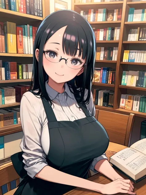 One Mature Woman、sit at the counter of a bookstore、Glasses、apron、Big Breasts、Long Black Hair、Listless、Sleepy eyes、Smiling Kindly、tilting the head、book clerk、Bookshelf、Retro interior、Upper Body、Close-up、Put your elbows on the counter、Angle from above、
