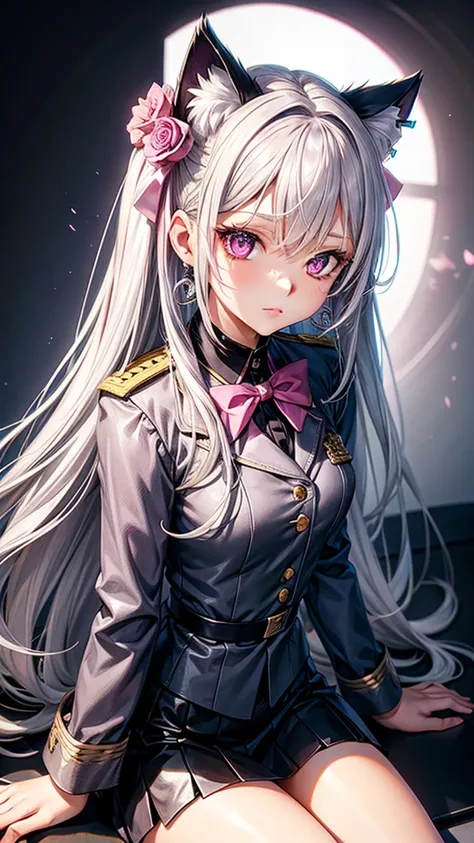 Silver hair, pink eyes, body, cat ears, sexy girl, earrings, flower background, uniform, hair bows, sit, light background 