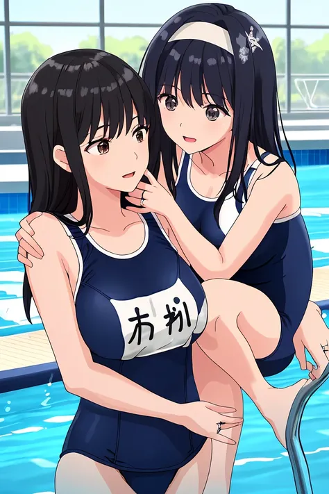 Beauty mother-in-law　Black Hair　Mother and daughter have beautiful breasts　hair band　wedding ring　My mother is a competitive swimmer　My daughter is wearing a navy blue school swimsuit.　Pool　