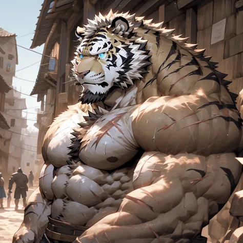 Sweating muscular man in a medieval village，Topless，With furry anthropomorphic chest hair，Serious face（scars in the face） Mature （blue eyes）Big muscles，Ripped abdominal muscles，Wild General，Ambitious，Consider，Uncle vicissitudes，White Tiger