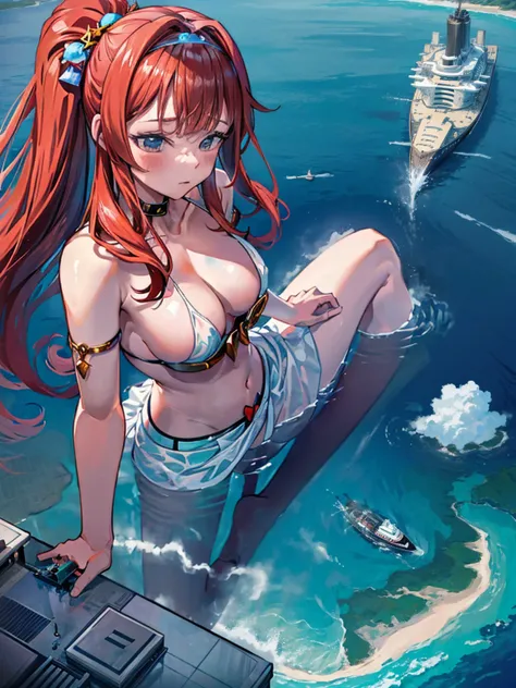 Giantess appears from underwater in front of a giant cruise ship, the cruise ship looks very small in front of her because it is giant, she is naked, she has red hair and white skin, she has small breasts but very sexy legs and her body is very curvy. Godd...