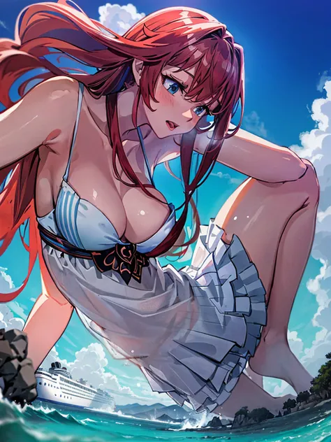 Giantess appears from underwater in front of a giant cruise ship, the cruise ship looks very small in front of her because it is giant, she is naked, she has red hair and white skin, she has small breasts but very sexy legs and her body is very curvy. Godd...