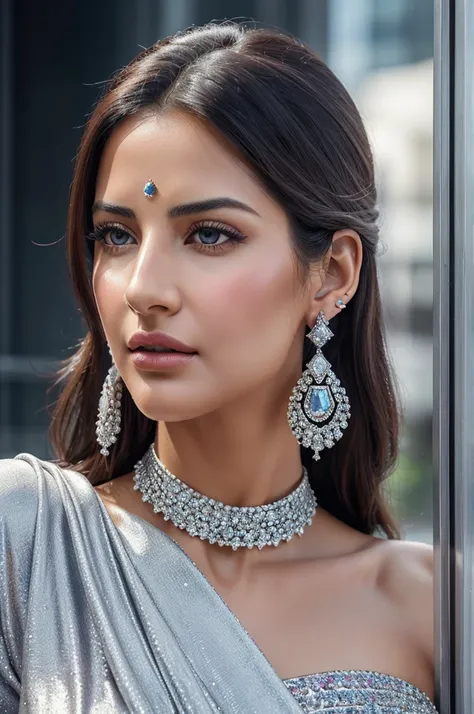 (masterpiece, best quality), intricate details, realistic, photorealistic, a close up of a woman wearing earrings, inspired by Katrina kaif, draped in crystals, silver color, long earrings, sandra chevier, huge earrings, 2019, blue-eyed, platinum jewellery...