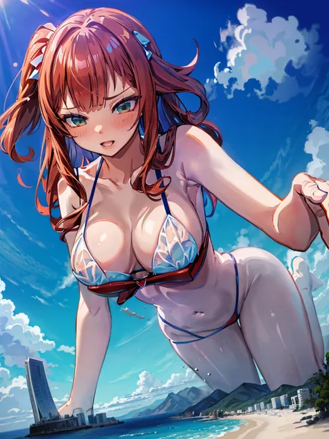 Giantess appears from underwater in front of a giant cruise ship, the cruise ship looks very small in front of her because it is giant, she is naked, she has red hair and white skin, she has small breasts but very sexy legs and her body is very curvy. Godd...