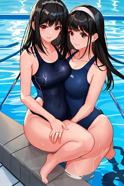 Beauty mother-in-law　Black Hair　Mother and daughter have beautiful breasts　hair band　wedding ring　My mother is a competitive swimmer　My daughter is wearing a navy blue school swimsuit.　Pool　