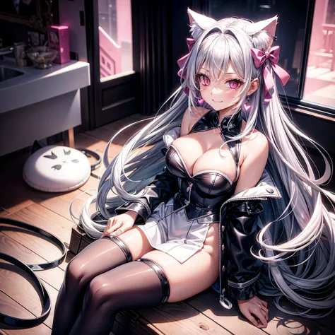 Silver hair, pink eyes, body, cat ears, sexy girl, earrings, light heart fantasy background, uniform, hair bows, sit down, happy face