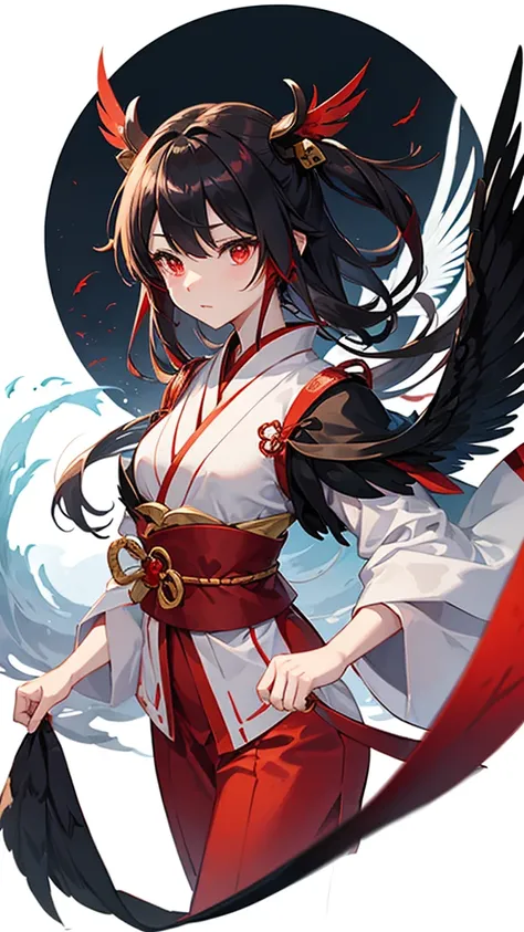 A Tengu turned into a beautiful girl。She has wings of black feathers、Beautiful girl with sharp eyes。Has a red mask、Dressed in traditional Tengu attire。Her hair flutters in the wind、Looking down on the world from the top of the mountain。